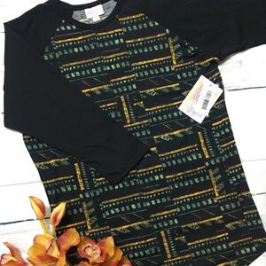 LuLaRoe Randy Baseball Tee Raglan Black Green Yellow Solid 3/4 Sleeve S NWT